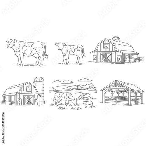 Farm scene line with cows barns and open shelter calf silo