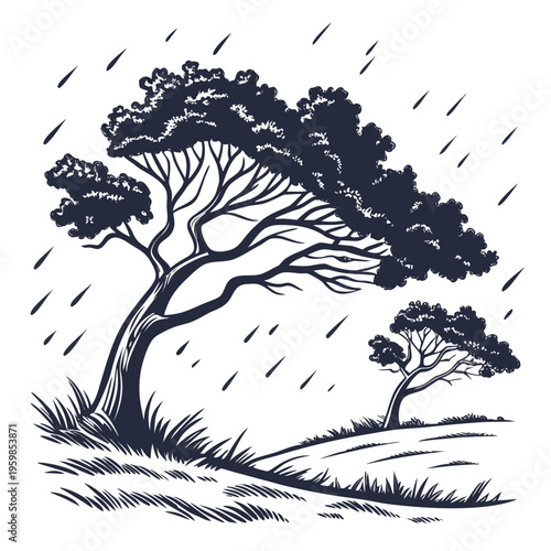 Trees on a hillside in the rain stormy weather wind