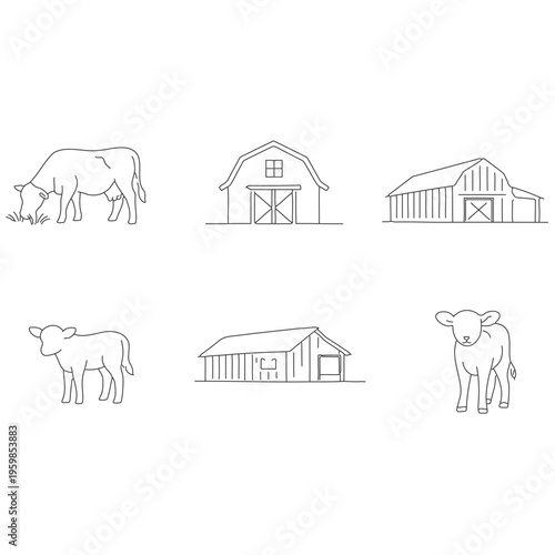 Line farm animals and barns including cow calf and two barn styles