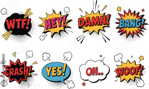 Comic speech bubbles set, pop art text effects collection with boom bang wow hey crash vector illustration for retro superhero design elements