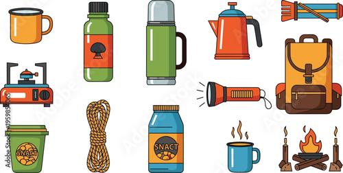 Hiking and outdoor survival camping gear icon set