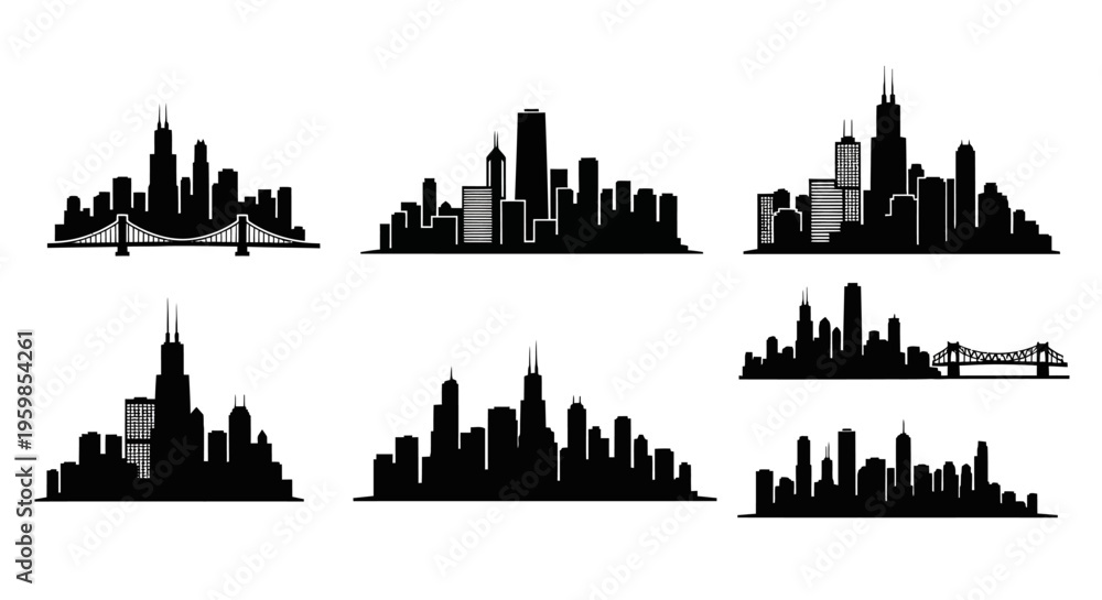 Obraz premium Cityscape Silhouettes: Diverse Skylines and Bridges Collection