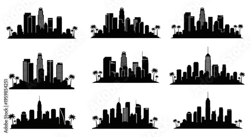 Cityscape Silhouettes: Diverse Downtown Skylines with Palm Trees
