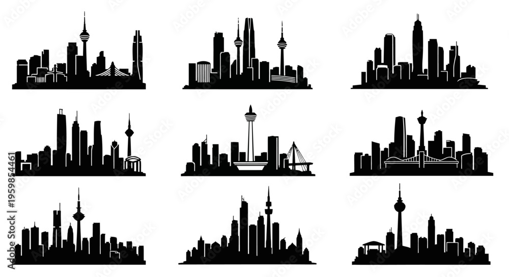 Obraz premium Cityscape Silhouettes: Diverse Skylines of Modern Urban Architecture