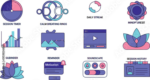 Mindfulness meditation and mental wellness tracking icon set