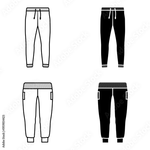 Jogger Pants icon set. Vector illustration of different styles of monochrome jogger pants.