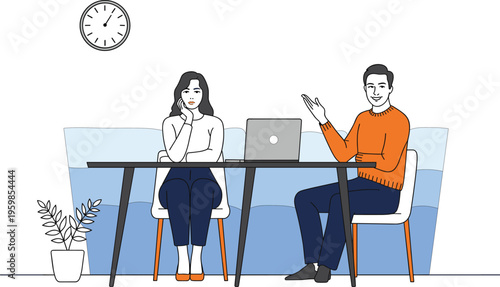 Business discussion between coworkers at desk with laptop showing contrasting emotions during office meeting scenario