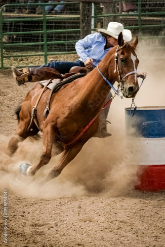 Galisteo, New Mexico, USA. .Barrel racing horse turning around barrel during rodeo competition