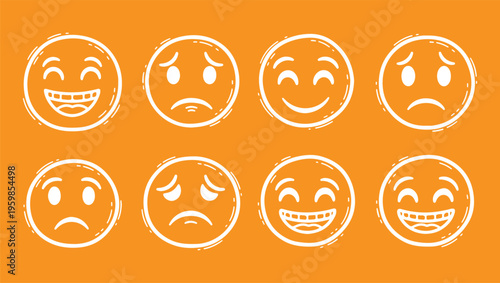 Set of fifteen hand drawn doodle emoji icons with various facial expressions isolated on white background, concept for corporate employee feedback, office communication and business