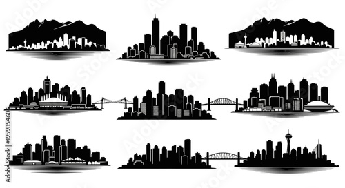 Cityscape Silhouettes: Diverse Skylines with Mountains, Bridges, and Towers