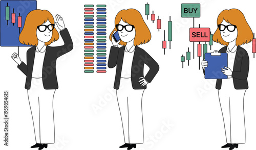 Stock trader woman analyzing candlestick charts and making buy sell decisions using market data insights
