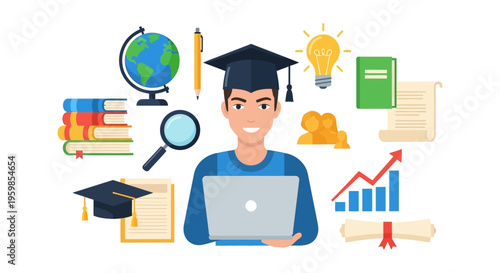 Online Learning Success Concept: Smiling Graduate Student with Laptop Surrounded by Academic Icons, E-learning and Research Theme