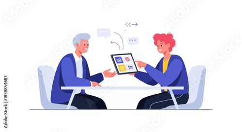 Digital Business Consultation: Two colleagues discussing data analysis and strategic planning on a tablet. Intergenerational teamwork vector illustration.