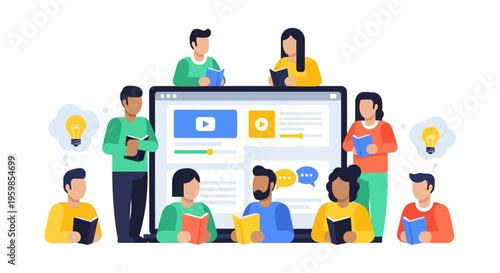 Blended Learning and Online Education Concept: Diverse Group of Students Collaborating Around Digital Platform, E-learning, and Knowledge Sharing.