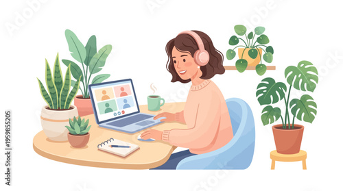 Young woman wearing headphones working on laptop at home.