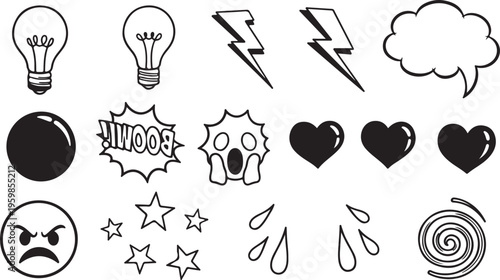 A collection of various hand-drawn comic elements including light bulbs, lightning bolts, hearts, stars, an angry emoji, and a scream face isolated on white.