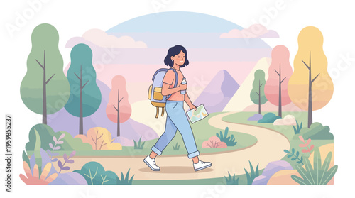 Young woman with backpack walking on a scenic path.