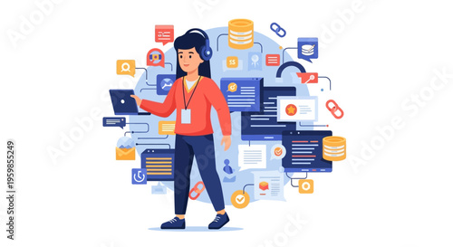 Young woman with headphones and laptop working on data.