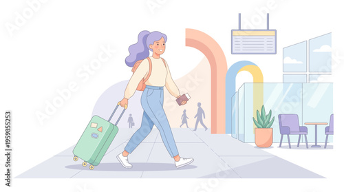 Young woman with purple hair pulling suitcase.