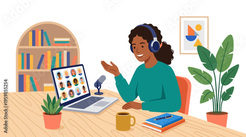 Young woman with headphones recording podcast at home studio.