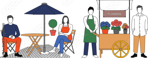 Outdoor cafe scene with couple under umbrella and nearby colorful flower market vendor stall display