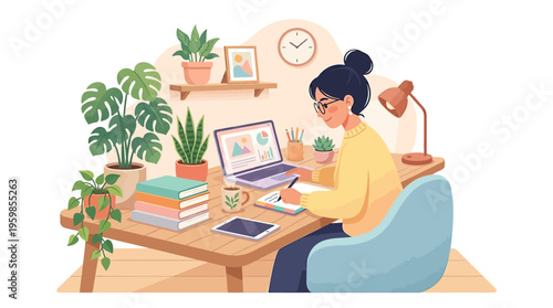 Young woman working diligently at her desk surrounded by plants.