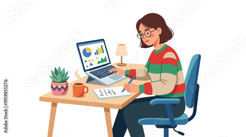 Young woman working diligently at her desk with laptop and notebook.