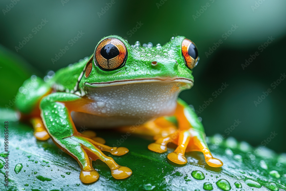 Fototapeta premium Red-eyed frog perched on leaf.