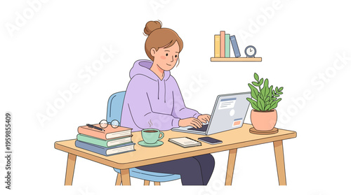 Young woman working diligently on her laptop at a desk.