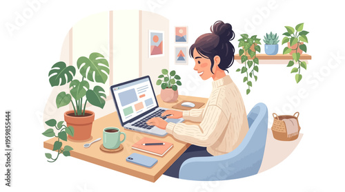 Young woman working diligently on her laptop at a desk.