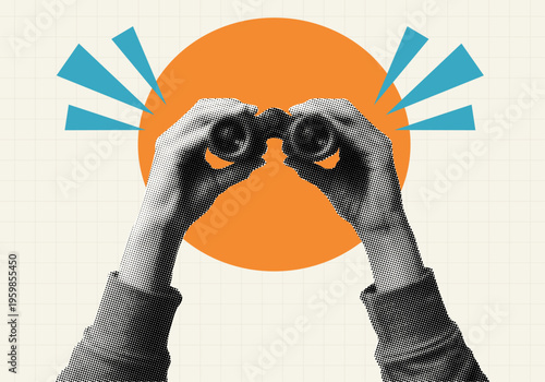 two hands holding binoculars concept pop art collage searching observing focus attention retro cut-out dotted halftone elements light beige background