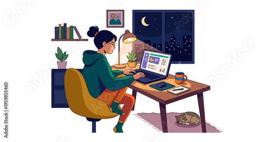 Young woman working late on laptop at desk.