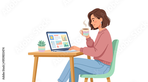 Young woman working on laptop and drinking coffee.