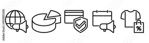 Business and marketing icon set, global communication, target strategy, analytics, promotion, e commerce, finance, security and customer interaction linear outline symbols flat vector illustration.