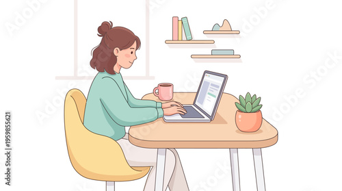 Young woman working on laptop at desk with coffee.