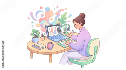 Young woman working on laptop at desk.