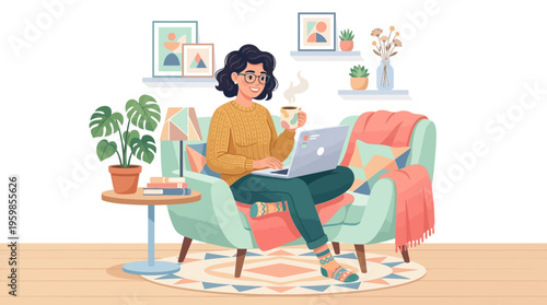 Young woman working on laptop at home.