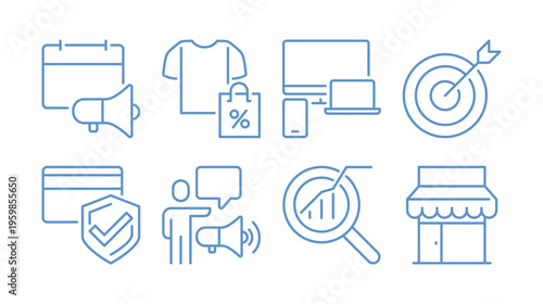 Business and marketing icon set, global communication, target strategy, analytics, promotion, e commerce, finance, security and customer interaction linear outline symbols flat vector illustration.