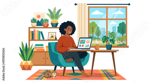 Young woman working on laptop at home office.