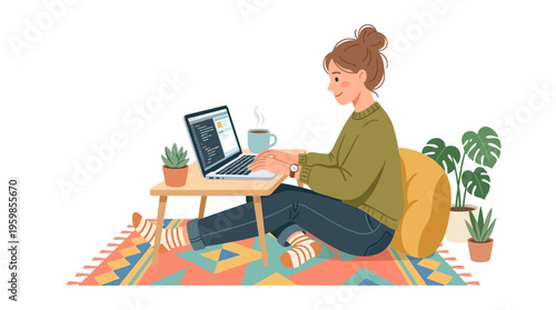 Young woman working on laptop at home.