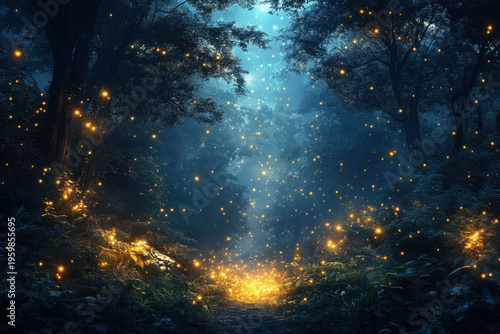 Fireflies lighting up a forest at night.