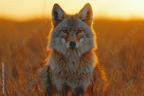 Coyote against sunset backdrop.