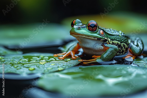 Frog sitting on leaf.