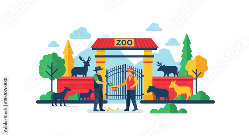 Zoo entrance with staff and animals illustration.