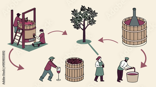 Illustration depicting the comprehensive process of wine production, from grape harvesting to bottling and enjoying the finished product. vector icon