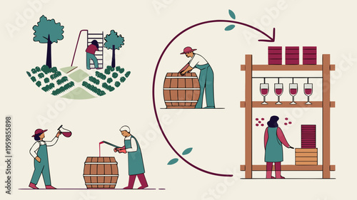 Illustration depicting the comprehensive process of wine production, from grape harvesting to bottling and enjoying the finished product. vector icon