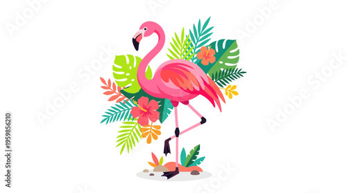 Vibrant Pink Flamingo Standing Tall Amidst Tropical Foliage.