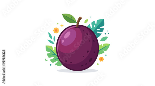 Vibrant Purple Passion Fruit with Green Leaf Stem.