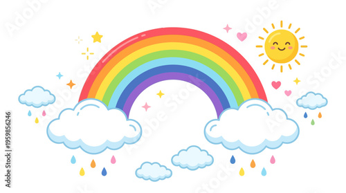 Vibrant Rainbow Arching Over Fluffy Clouds with Smiling Sun.