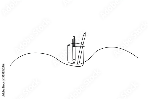 Minimalist continuous one-line drawing of a pen and pencil in a holder pot. Clean black line art on a white background for office and study designs.